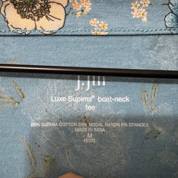 J. Jill Top Medium Petite Stretch Boat Neck Blue Floral Boho Bloomcore Casual - Picture 2 of 14